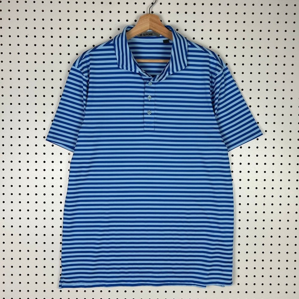 G/FORE Mens Large Blue Striped Short Sleeve Golf Polo Shirt Performance Button